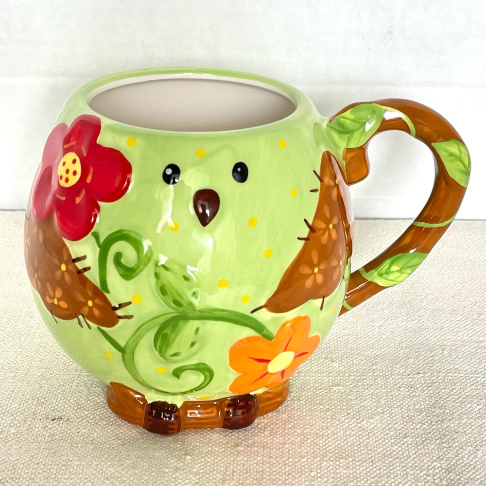 Pier 1 Imports Hand Painted Dolomite Green Owl Bird Ceramic Coffee Mug 12 oz